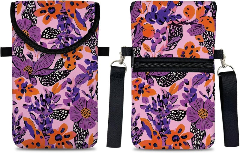 otilil Neoprene Cell Phone Sleeve Pouch Case Bag with Crossbody Strap Neck Lanyard for Women 7.5 X 4.3 in Purple Flower - Image 1